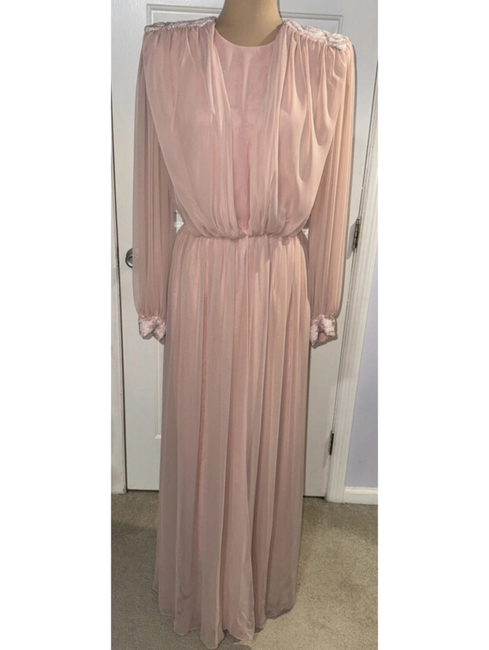 Vintage 80’s Jack Bryan Formal Pink Chiffon Long Sleeve Dress Beaded Size 10